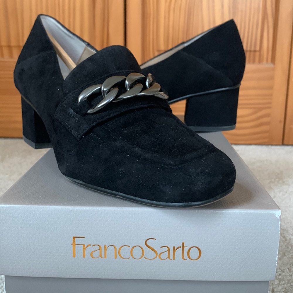 Black suede block heel loafer